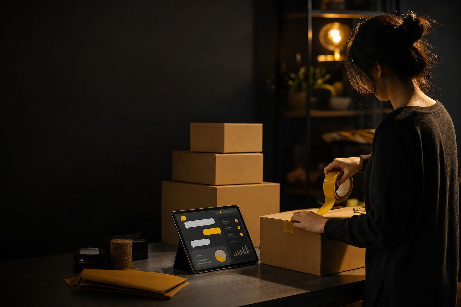 Shopbetreiberin verpackt am Abend ein Paket, daneben zeigt ein Tablet erledigte Kundenanfragen