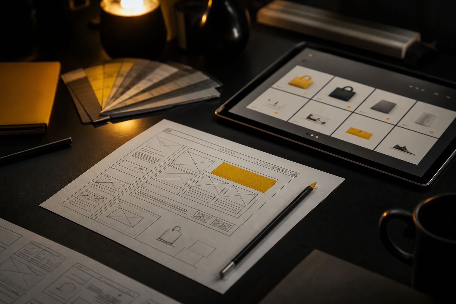 Wireframes und Tablet mit Shop-Entwurf