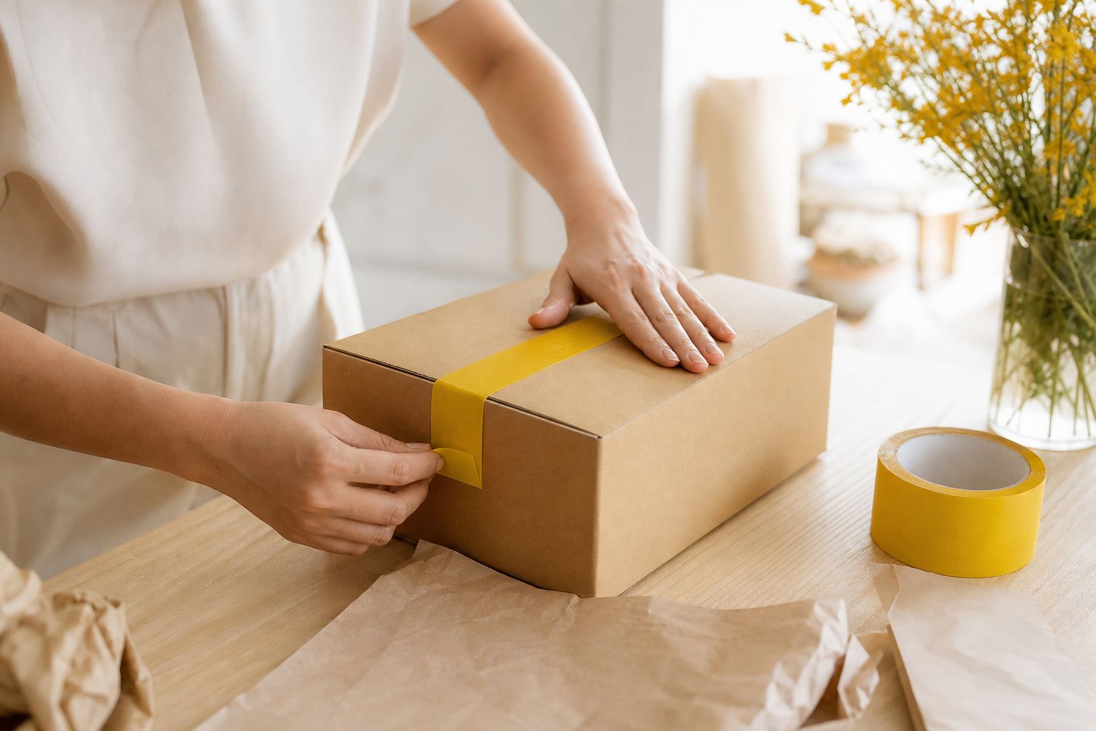 Hände verschließen ein Versandpaket mit gelbem Klebeband